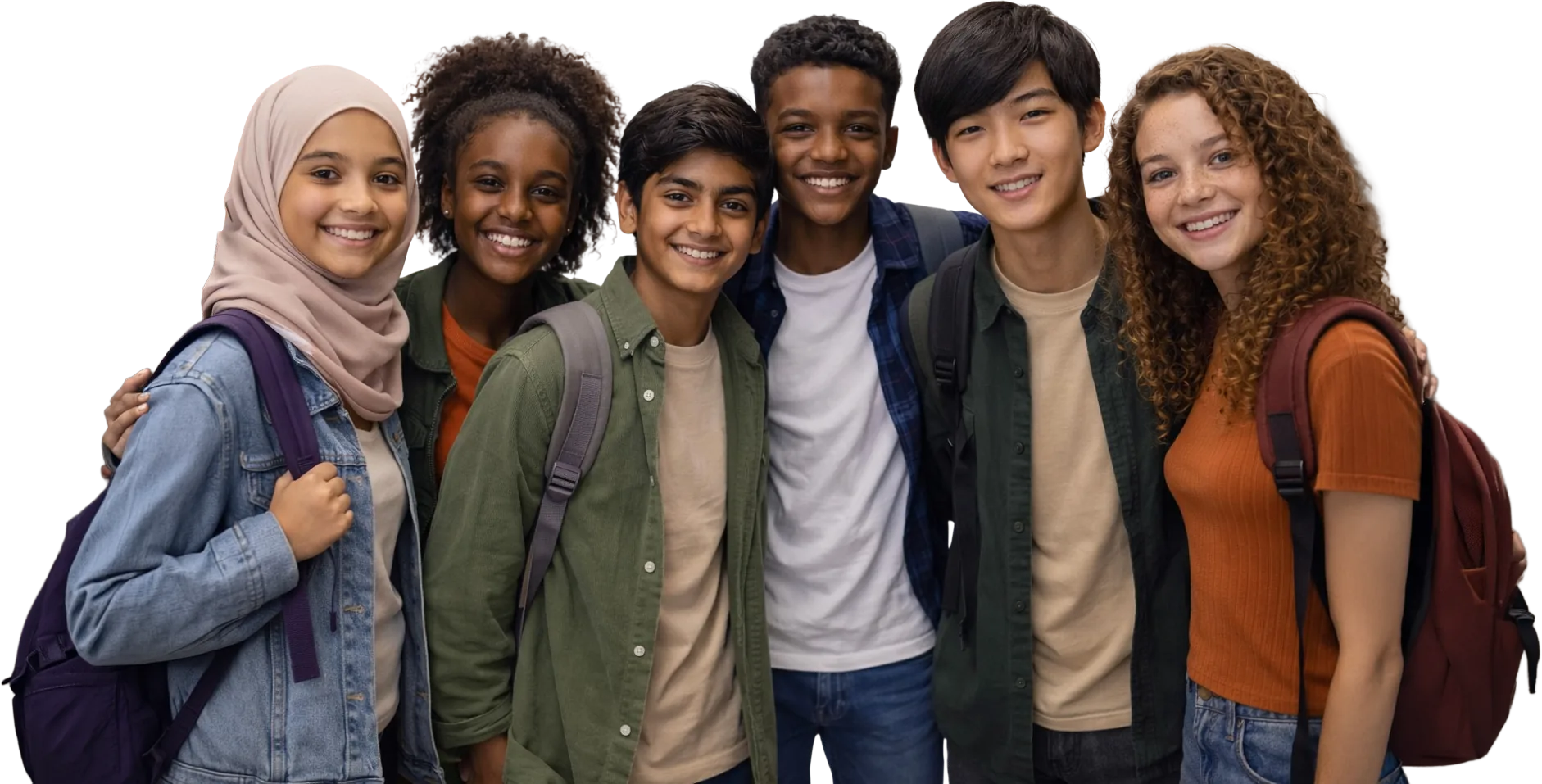 Six smiling newcomer students standing together